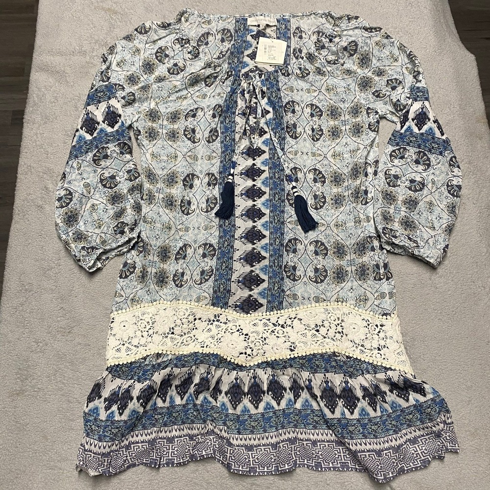 Christophe Sauvat Dress Medium Blue Motif Tassel Lace Crochet Semi Sheer NEW